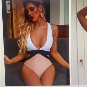 Cutout color block one piece nude white and black